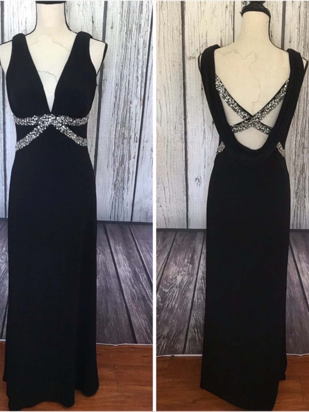 Betsy & Adam Black Rhinestone Formal Long Cocktail Dress